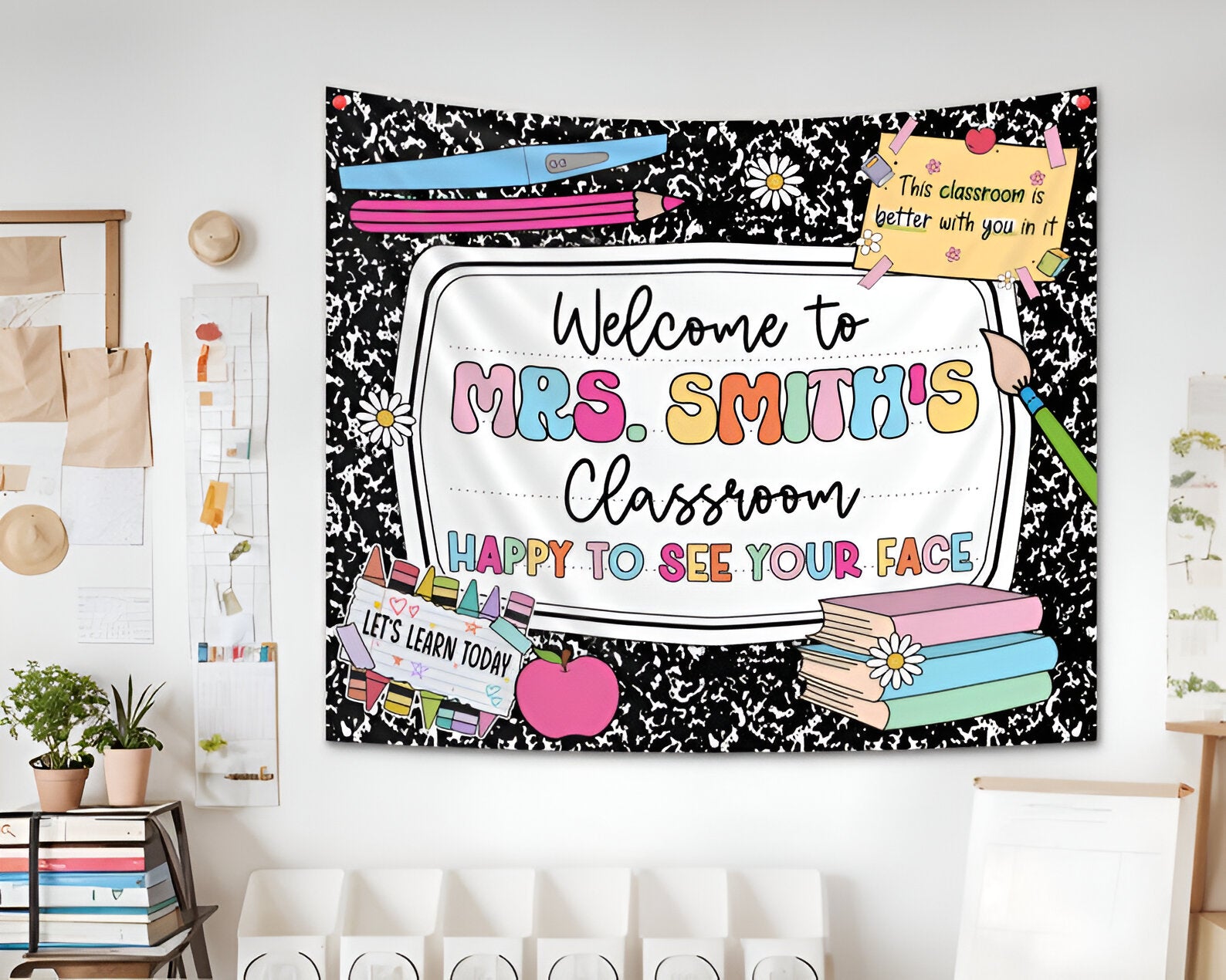 Personalized Classroom Tapestry, Composition Notebook Decor, Classroom Banner, Groovy Teacher Tapestry, Classroom Decor, Back To School Gift tapes