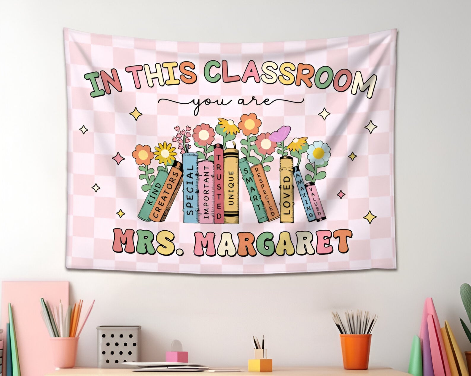 Classroom Tapestry Decor, Custom Welcome Teachers Name Classroom Banner, Teacher Gifts, Custom Classroom Tapestry, Back To School Gifts tapes1