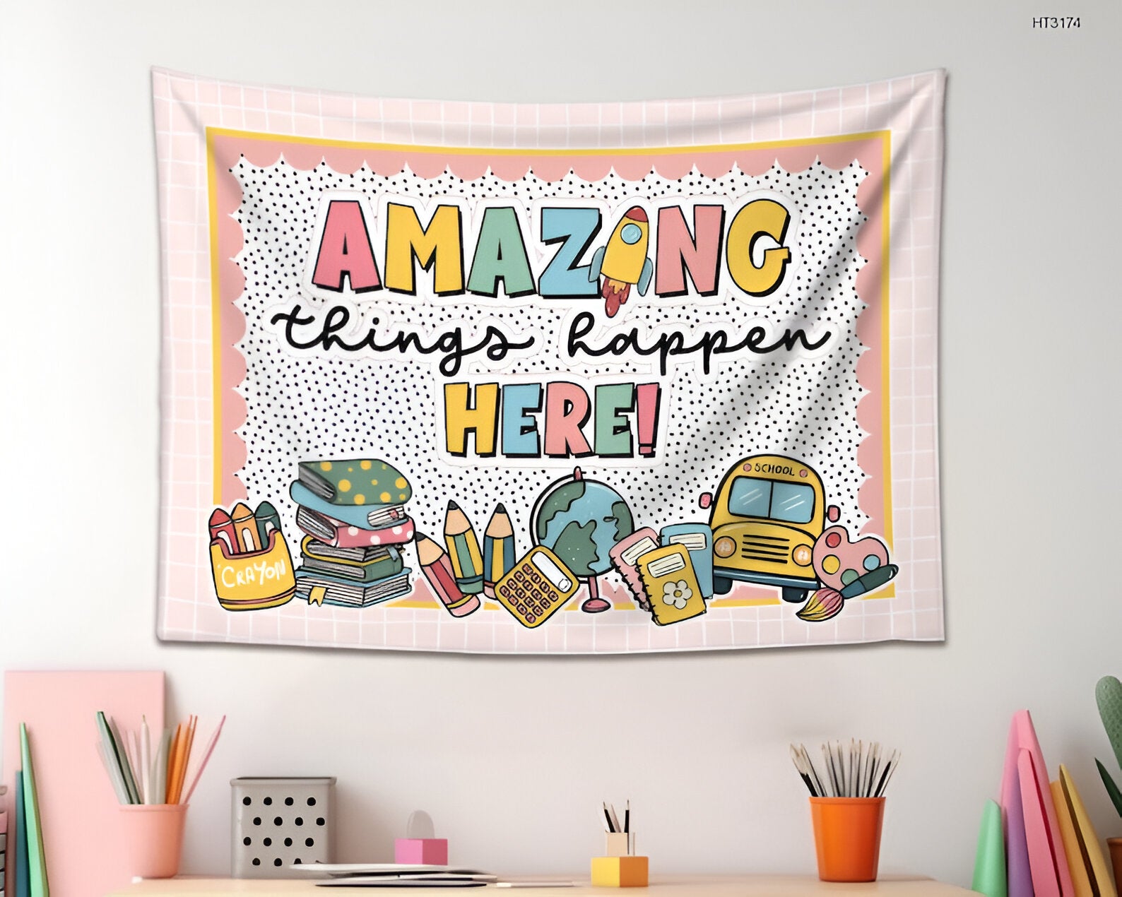 Personalized Teacher Classroom Tapestry, Teacher Gift, Classroom Decor, Custom Teacher Name Tapestry, Amazing Things Happen Classroom Banner tapes1