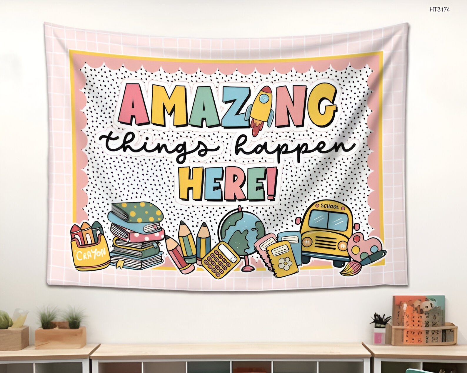 Personalized Teacher Classroom Tapestry, Teacher Gift, Classroom Decor, Custom Teacher Name Tapestry, Amazing Things Happen Classroom Banner tapes1