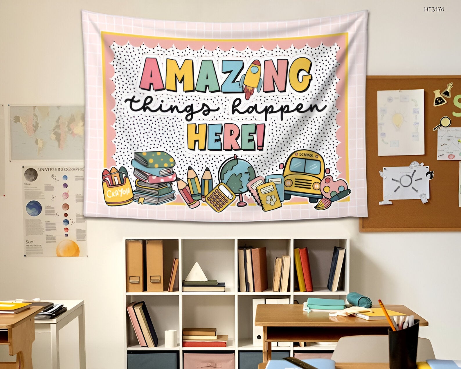 Personalized Teacher Classroom Tapestry, Teacher Gift, Classroom Decor, Custom Teacher Name Tapestry, Amazing Things Happen Classroom Banner tapes1