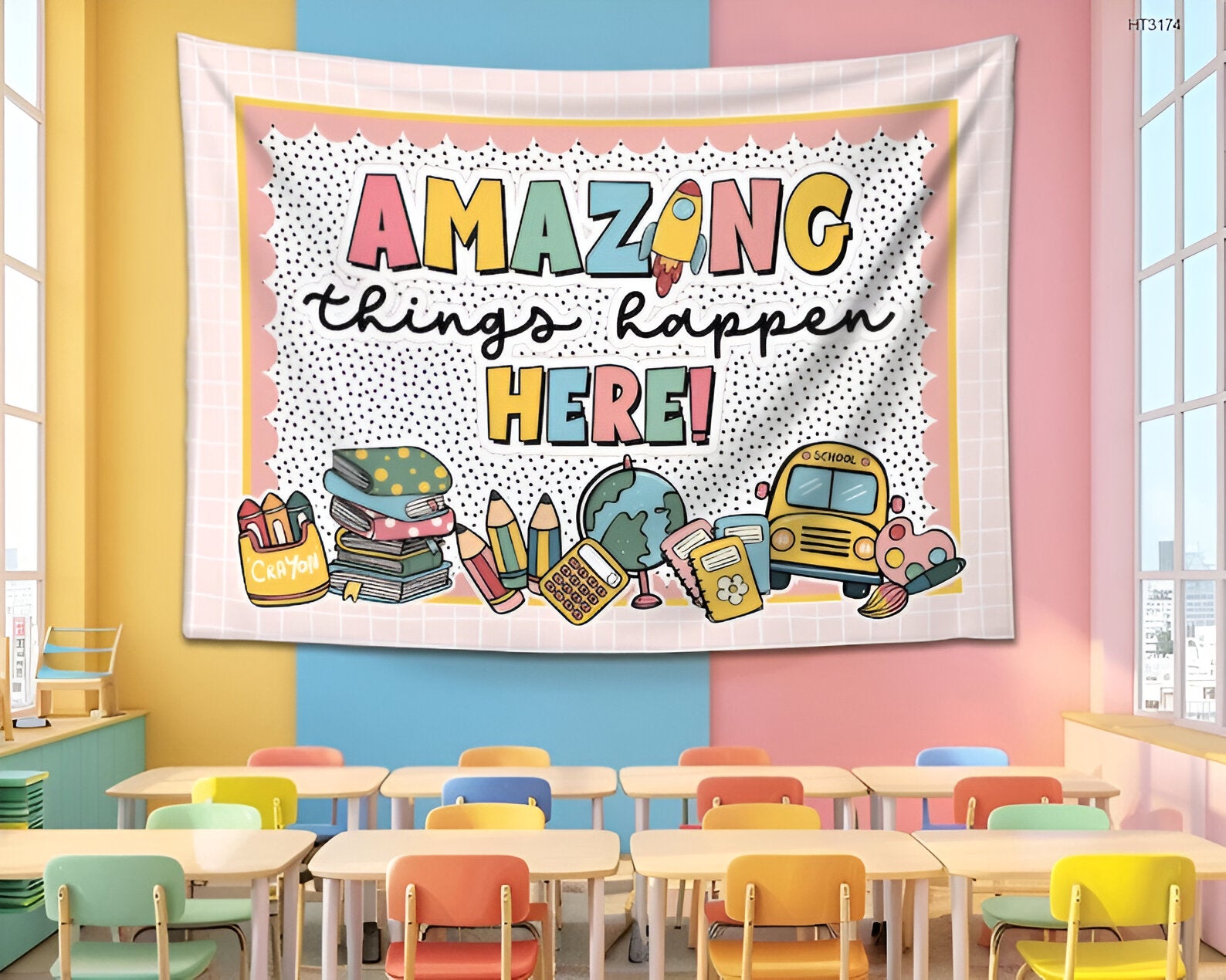 Personalized Teacher Classroom Tapestry, Teacher Gift, Classroom Decor, Custom Teacher Name Tapestry, Amazing Things Happen Classroom Banner tapes1