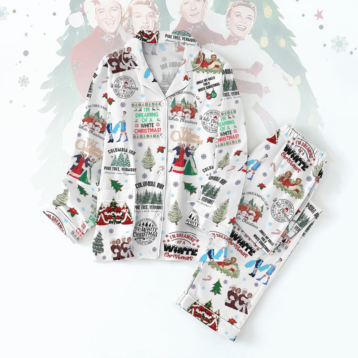 White Christmas Pajamas Set, White Christmas Movie Shirt, Christmas Song Pajamas Set, Pajamas Family, Xmas 90s Movie Pajamas For Party