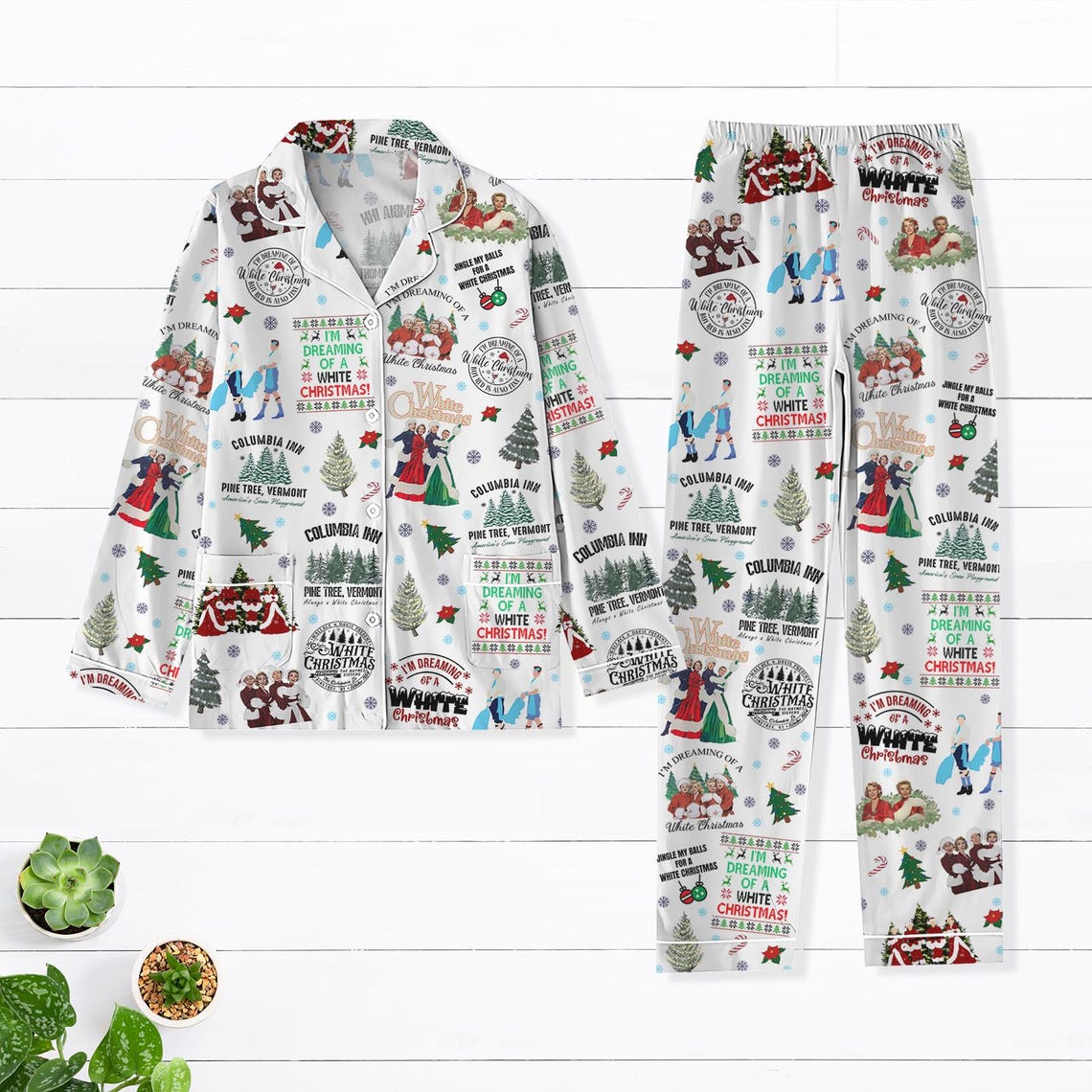 White Christmas Pajamas Set, White Christmas Movie Shirt, Christmas Song Pajamas Set, Pajamas Family, Xmas 90s Movie Pajamas For Party