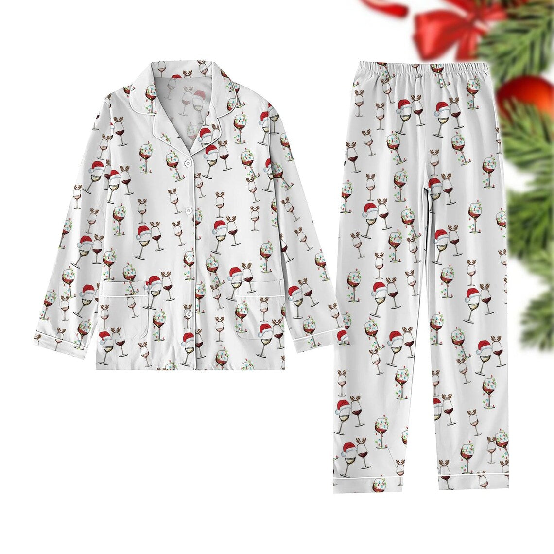 Red Wine Glass Christmas Pajamas, Santa Reindeer Pajamas Set, Drinking Holiday Pajamas, Christmas Lights Shirt, Xmas Party Gift