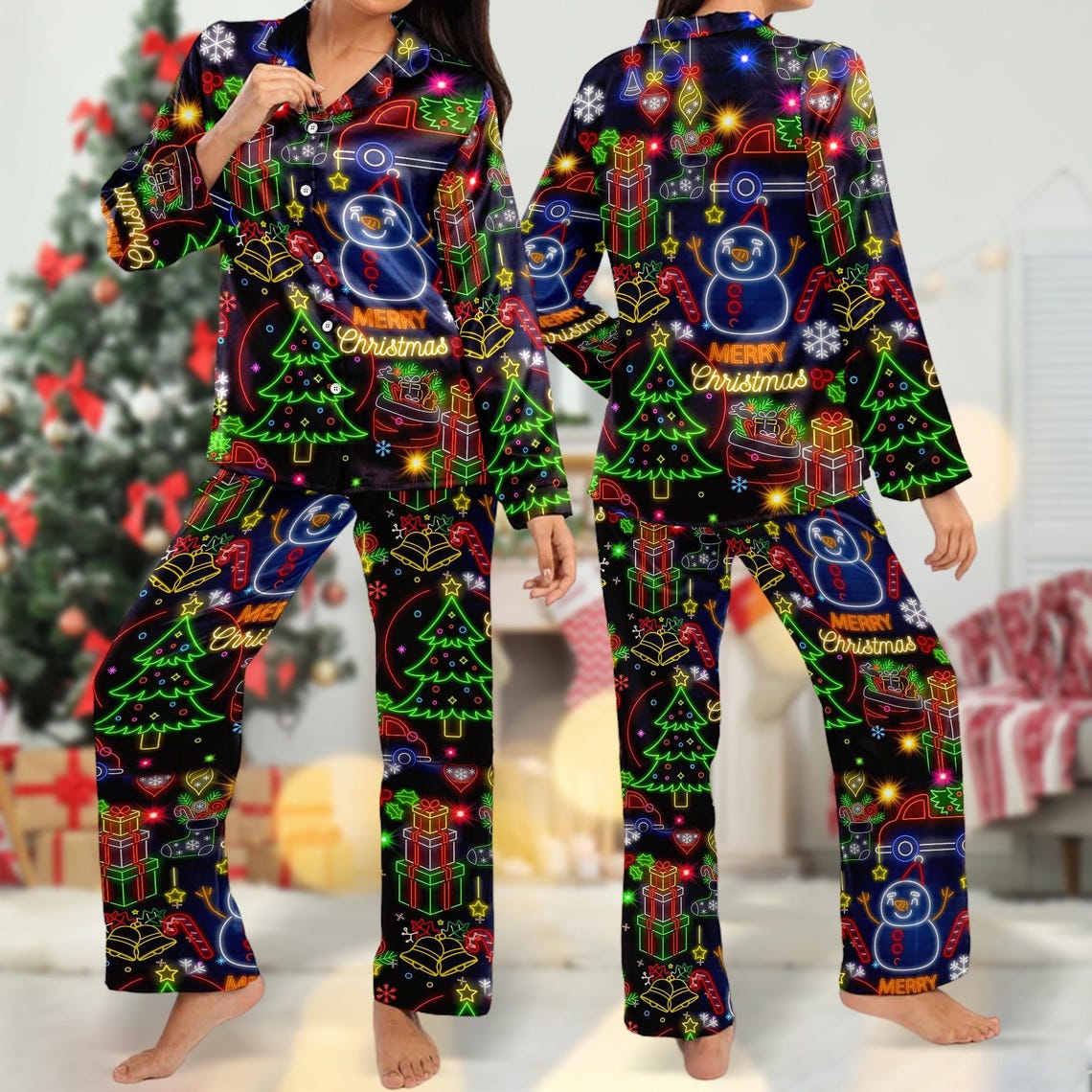 Christmas Bright Neon Lighting Pajamas Set, Neon Lighting Button Up Shirt, Merry Christmas Women Pajamas, Santa Clause Xmas 3D Shirt