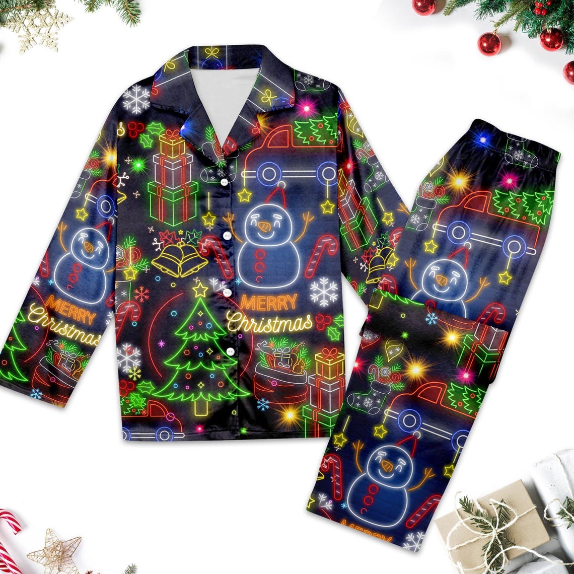 Christmas Bright Neon Lighting Pajamas Set, Neon Lighting Button Up Shirt, Merry Christmas Women Pajamas, Santa Clause Xmas 3D Shirt