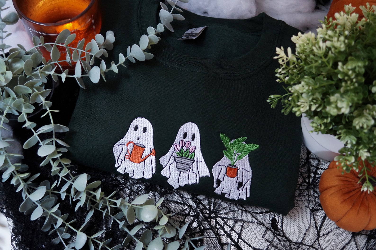 House Plant Ghosties Pullover Crewneck Jumper, Embroidered Halloween Sweatshirts For Plant Lovers and Spooky Season People emha0709