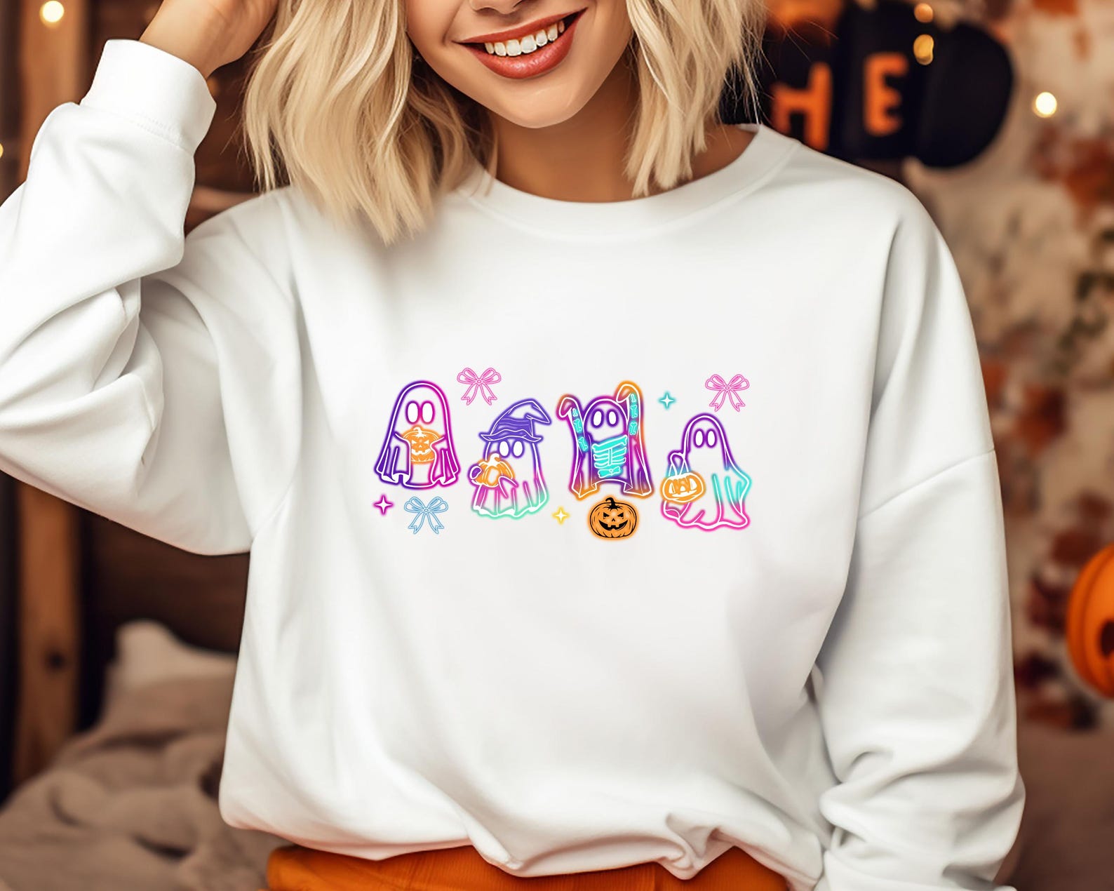 Coquette Halloween Neon Sweater, Halloween Ghost Neon Sweatshirt,Halloween Ghost Hoodie, Halloween Party Sweater,Coquette Bow Girls Sweater emha0709