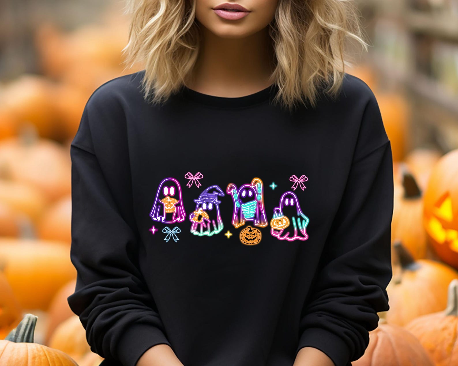 Coquette Halloween Neon Sweater, Halloween Ghost Neon Sweatshirt,Halloween Ghost Hoodie, Halloween Party Sweater,Coquette Bow Girls Sweater emha0709