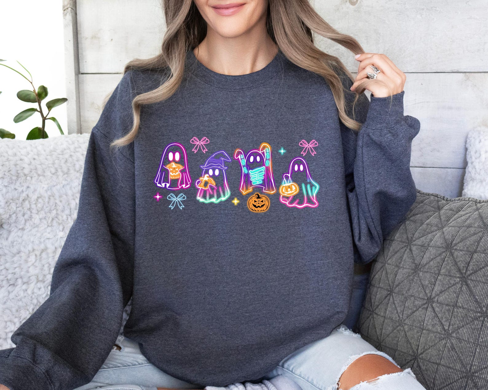 Coquette Halloween Neon Sweater, Halloween Ghost Neon Sweatshirt,Halloween Ghost Hoodie, Halloween Party Sweater,Coquette Bow Girls Sweater emha0709