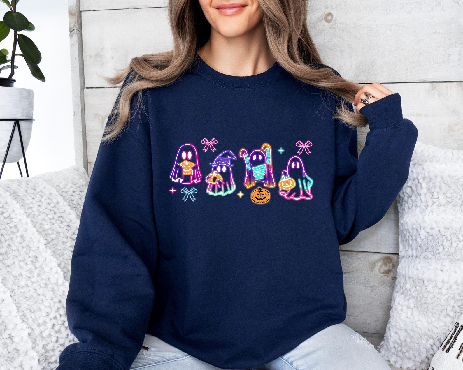 Coquette Halloween Neon Sweater, Halloween Ghost Neon Sweatshirt,Halloween Ghost Hoodie, Halloween Party Sweater,Coquette Bow Girls Sweater emha0709