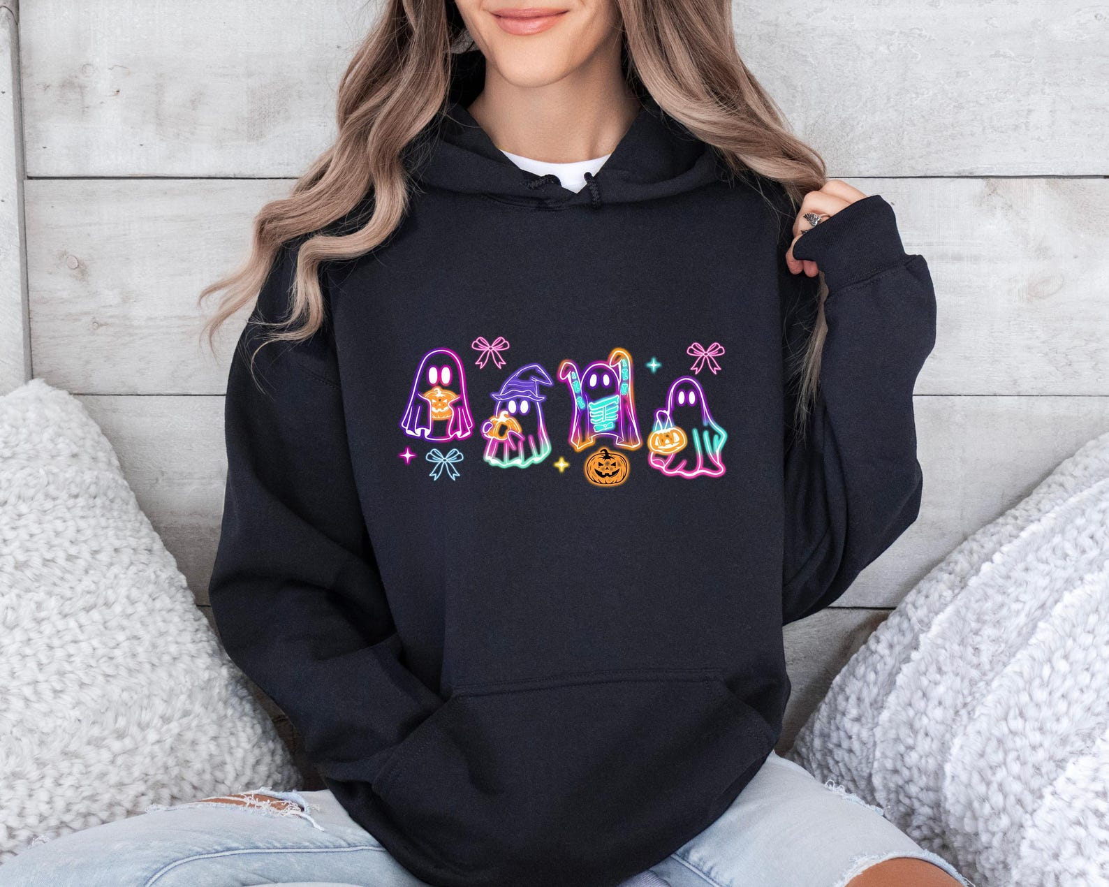 Coquette Halloween Neon Sweater, Halloween Ghost Neon Sweatshirt,Halloween Ghost Hoodie, Halloween Party Sweater,Coquette Bow Girls Sweater emha0709