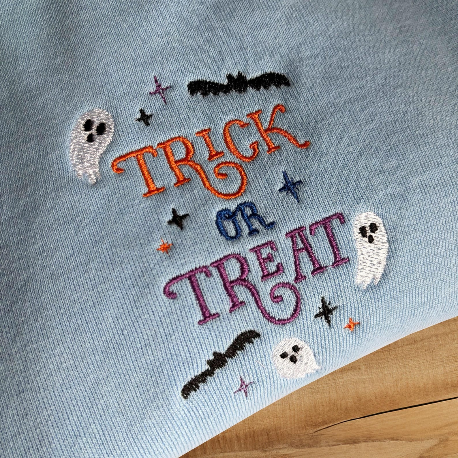 Trick or Treat Halloween Sweatshirt, Ghost Pattern, Bat Design, Sparkle Detail Halloween Girly, Embroidered Sweatshirt, Halloween Crewneck emha0709