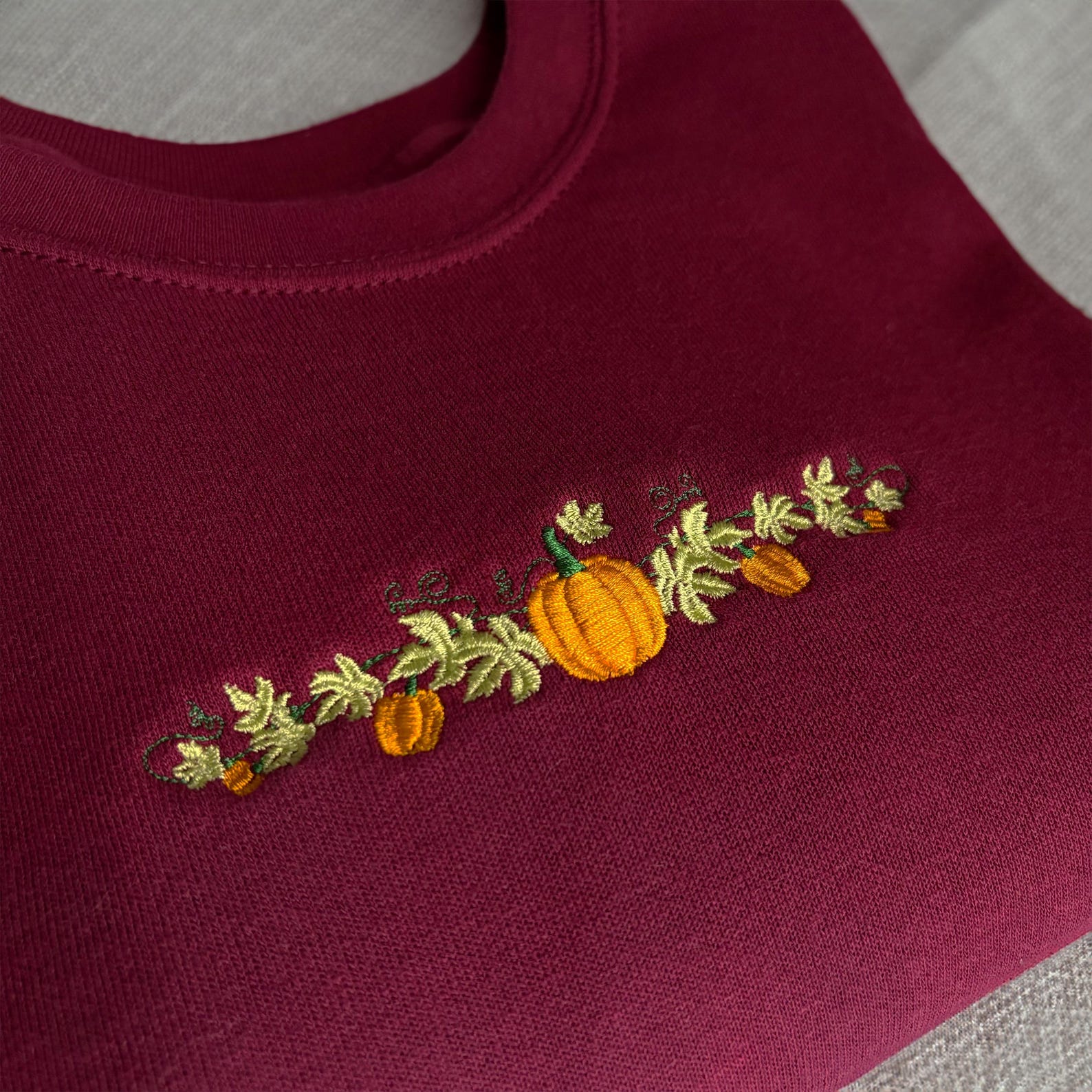 Pumpkin Autumn Leaves Sweatshirt, Pumpkin Detailed Embroidery Pattern, Autumnal Embroidered Sweatshirt, Cosy Fall Crewneck Hoodie, Orange emha0709