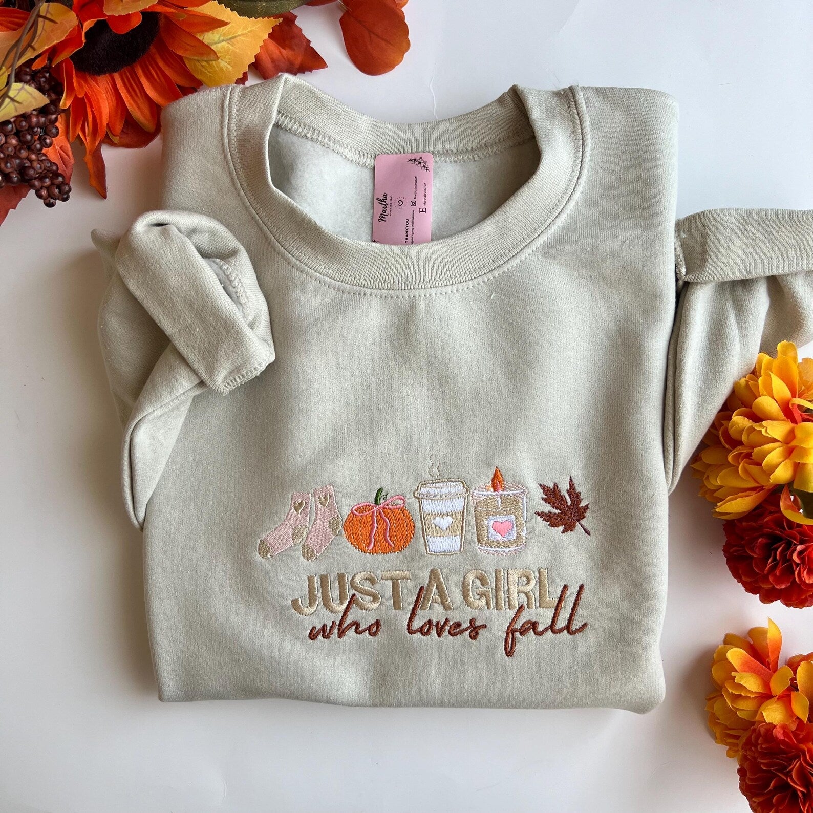 Just a girl who loves fall embroidered crew neck , fall flowers , Autumn crew neck , bff matching crew neck , pull up sweaters, gift ideas emha0709