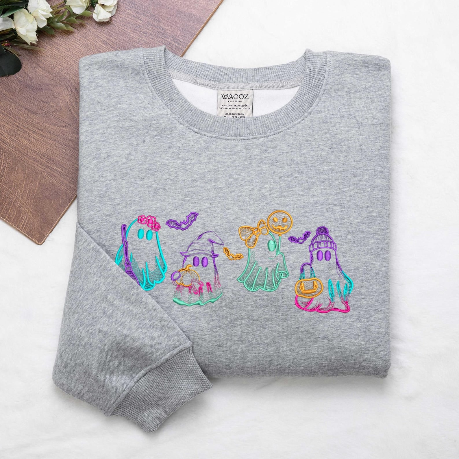 Halloween Ghost Neon Sweatshirt Halloween Embroidered Sweatshirt, Cute Ghost Shirt, Halloween Ghost Shirt emha0709