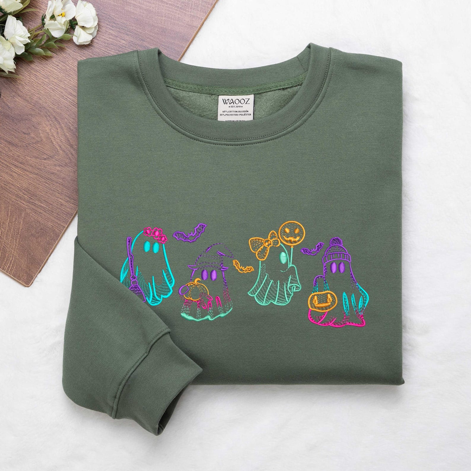 Halloween Ghost Neon Sweatshirt Halloween Embroidered Sweatshirt, Cute Ghost Shirt, Halloween Ghost Shirt emha0709