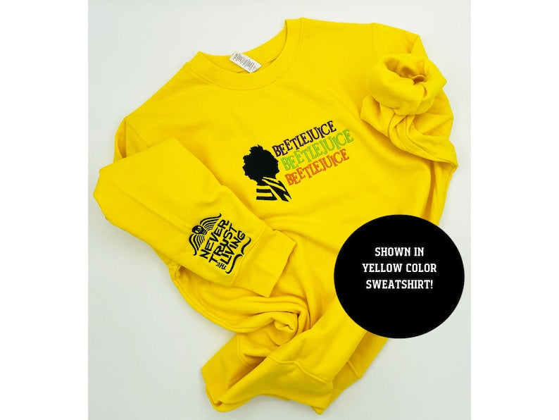 Embroidered Halloween beetlejuice embroidery sweatshirt, sleeve never trust living, ghost, Y2K Style Embroidered Crewneck EMHA0609