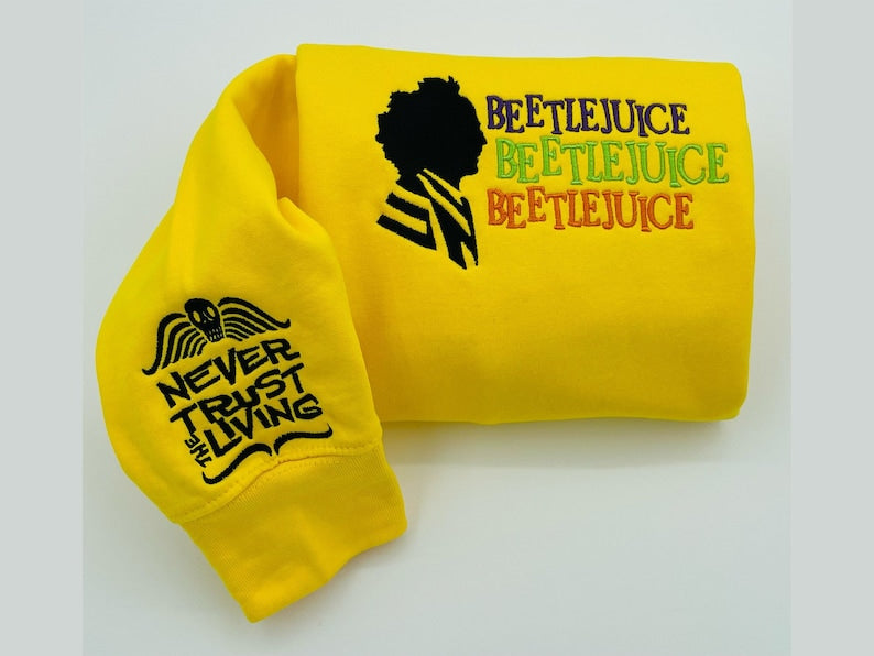 Embroidered Halloween beetlejuice embroidery sweatshirt, sleeve never trust living, ghost, Y2K Style Embroidered Crewneck EMHA0609