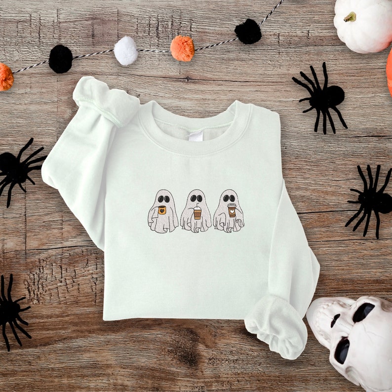 Halloween Embroidered Coffee Ghosts Sweatshirt, Cute Halloween Apparel, Embroidered Ghost Crewneck, Autumn Crewneck EM1709S