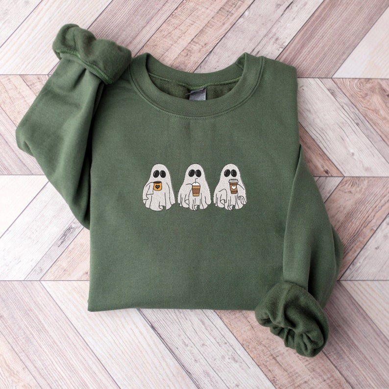 Halloween Embroidered Coffee Ghosts Sweatshirt, Cute Halloween Apparel, Embroidered Ghost Crewneck, Autumn Crewneck EM1709S