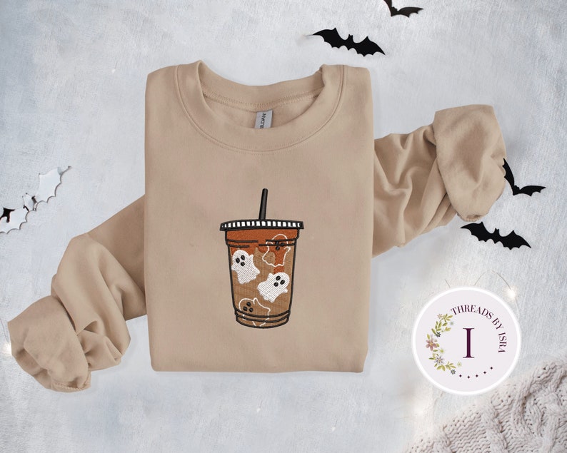 Embroidered Ghost Iced Coffee Crewneck, Halloween Coffee Embroidery, Spooky Season Sweatshirt, Autumn Season Sweatshirt, Halloween Gift EM1709S