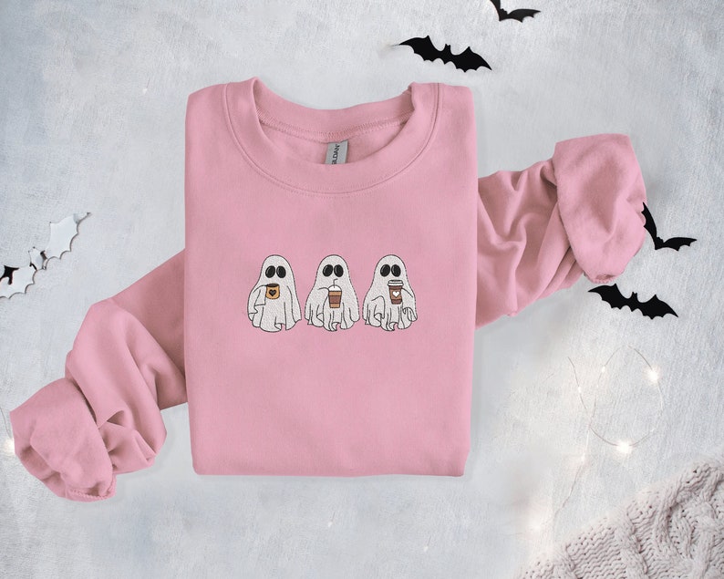Halloween Embroidered Coffee Ghosts Sweatshirt, Cute Halloween Apparel, Embroidered Ghost Crewneck, Autumn Crewneck EM1709S