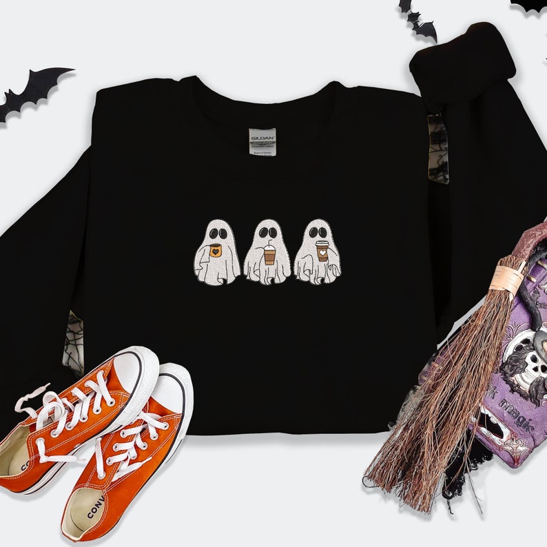 Halloween Embroidered Coffee Ghosts Sweatshirt, Cute Halloween Apparel, Embroidered Ghost Crewneck, Autumn Crewneck EM1709S