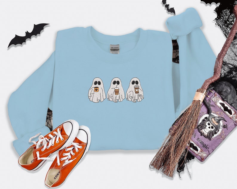Halloween Embroidered Coffee Ghosts Sweatshirt, Cute Halloween Apparel, Embroidered Ghost Crewneck, Autumn Crewneck EM1709S