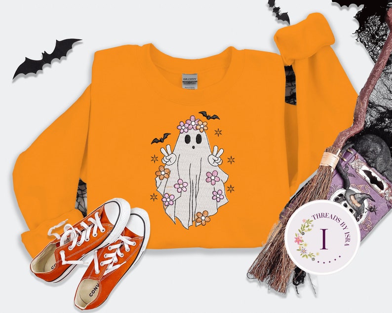 Halloween Ghost Boho Embroidered Sweatshirt, Spooky Halloween Crewneck, Cute Ghost Shirt, Fall Sweatshirt for Women, Fall Aesthetic Pullover EM1709S