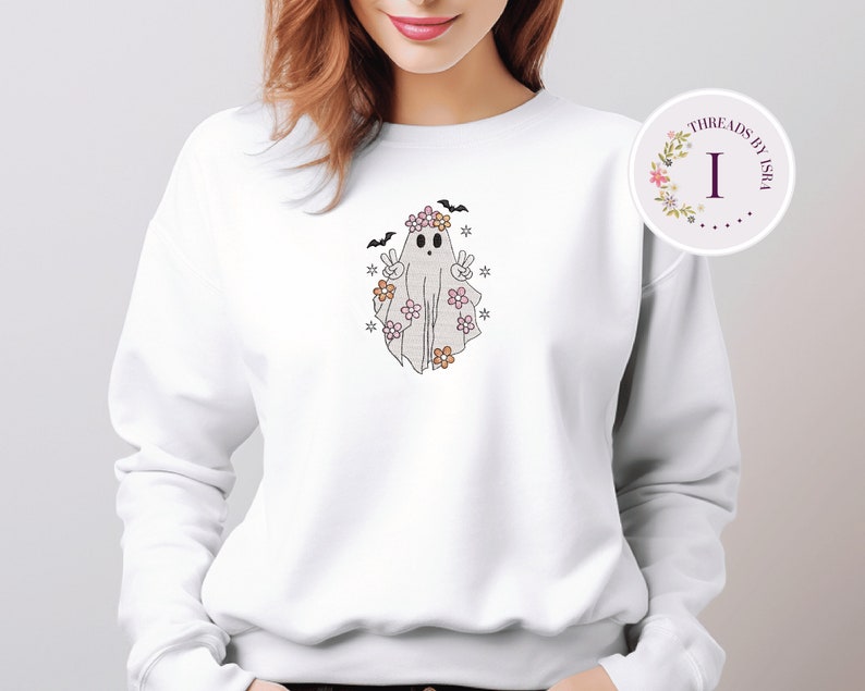 Halloween Ghost Boho Embroidered Sweatshirt, Spooky Halloween Crewneck, Cute Ghost Shirt, Fall Sweatshirt for Women, Fall Aesthetic Pullover EM1709S