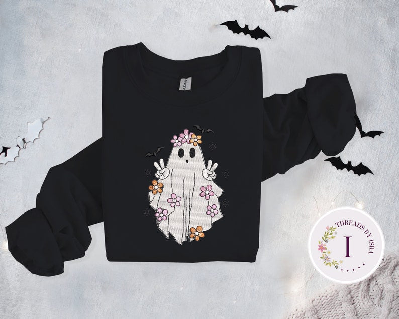 Halloween Ghost Boho Embroidered Sweatshirt, Spooky Halloween Crewneck, Cute Ghost Shirt, Fall Sweatshirt for Women, Fall Aesthetic Pullover EM1709S