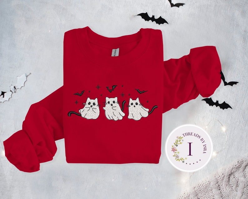 Ghost Cats Embroidered Sweatshirt, Halloween Cat Crewneck, Spooky Bats & Cats, Autumn Fashion, Scary Cat Apparel, Halloween Gift EM1709S