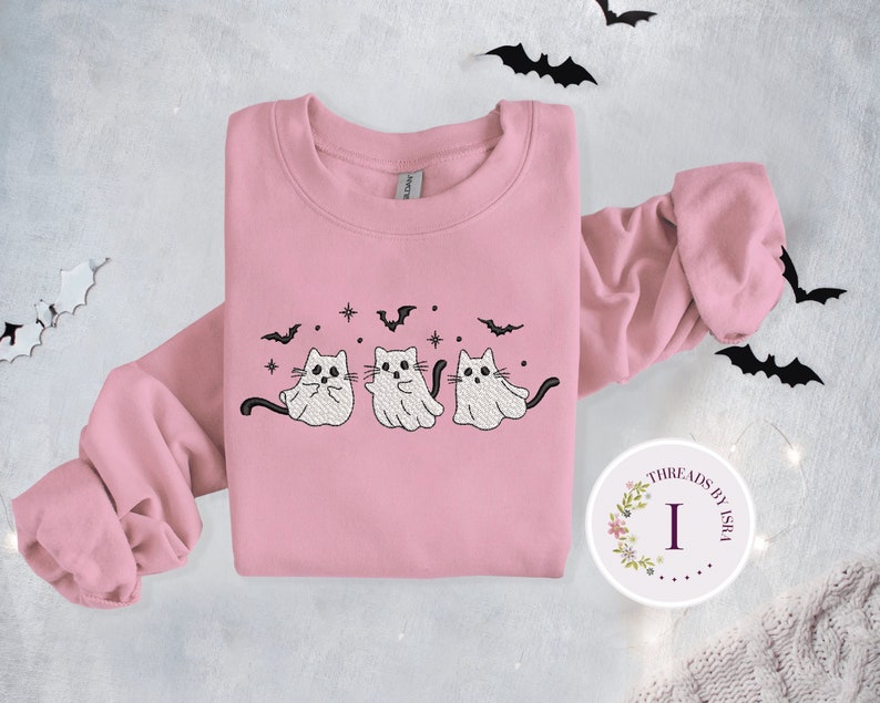Ghost Cats Embroidered Sweatshirt, Halloween Cat Crewneck, Spooky Bats & Cats, Autumn Fashion, Scary Cat Apparel, Halloween Gift EM1709S