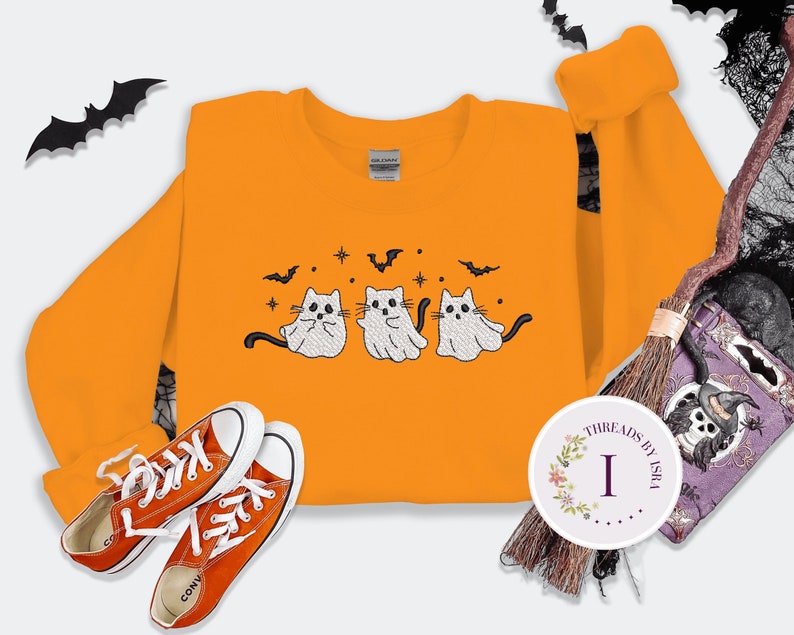 Ghost Cats Embroidered Sweatshirt, Halloween Cat Crewneck, Spooky Bats & Cats, Autumn Fashion, Scary Cat Apparel, Halloween Gift EM1709S