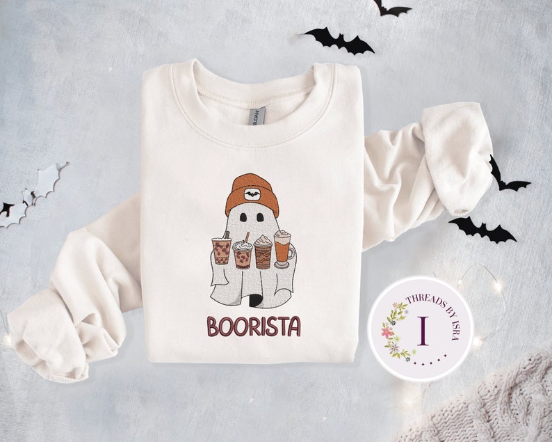 Embroidered Ghost Iced Coffee, Halloween Pullover, Coffee Lovers Gift Crewneck, Halloween Gift, Iced Latte Sweatshirt EM1709S