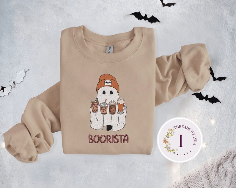 Embroidered Ghost Iced Coffee, Halloween Pullover, Coffee Lovers Gift Crewneck, Halloween Gift, Iced Latte Sweatshirt EM1709S