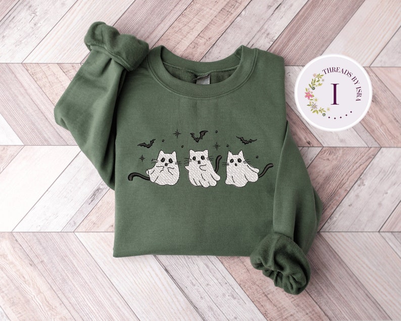Ghost Cats Embroidered Sweatshirt, Halloween Cat Crewneck, Spooky Bats & Cats, Autumn Fashion, Scary Cat Apparel, Halloween Gift EM1709S