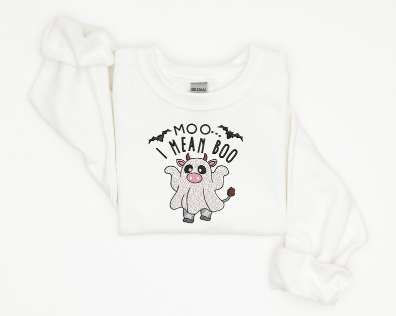 Embroidered 'Moo... I Mean Boo' Halloween Crewneck - Ghost Cow Pullover Sweatshirt - Spooky Season Highland Cow Lover Gift EM1709S