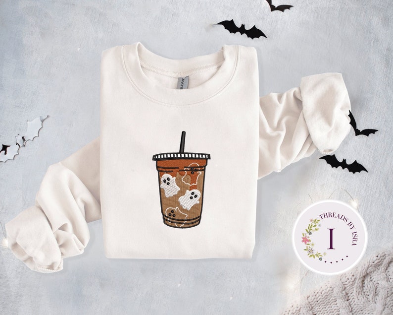 Embroidered Ghost Iced Coffee Crewneck, Halloween Coffee Embroidery, Spooky Season Sweatshirt, Autumn Season Sweatshirt, Halloween Gift EM1709S