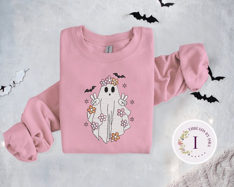 Halloween Ghost Boho Embroidered Sweatshirt, Spooky Halloween Crewneck, Cute Ghost Shirt, Fall Sweatshirt for Women, Fall Aesthetic Pullover EM1709S