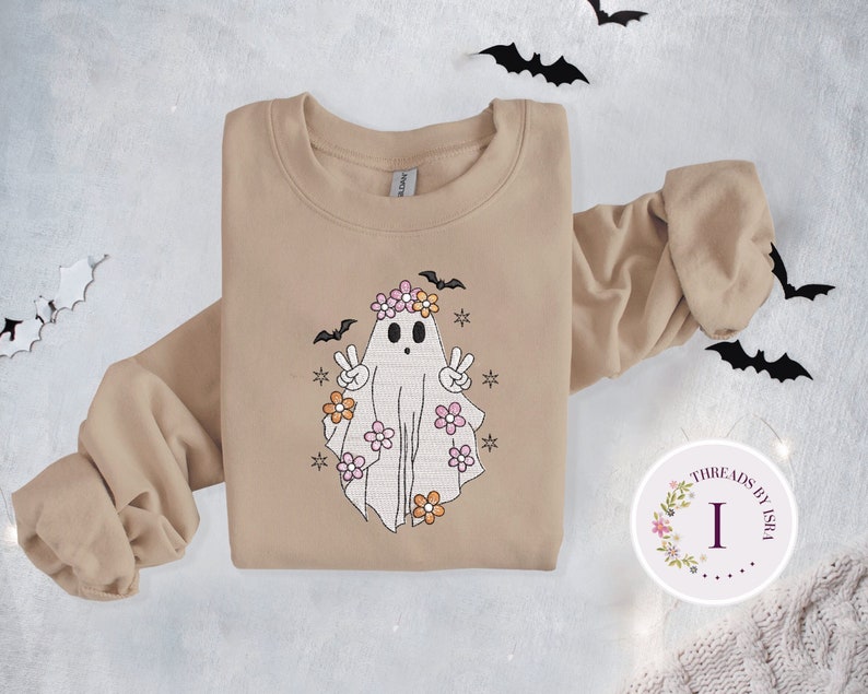 Halloween Ghost Boho Embroidered Sweatshirt, Spooky Halloween Crewneck, Cute Ghost Shirt, Fall Sweatshirt for Women, Fall Aesthetic Pullover EM1709S