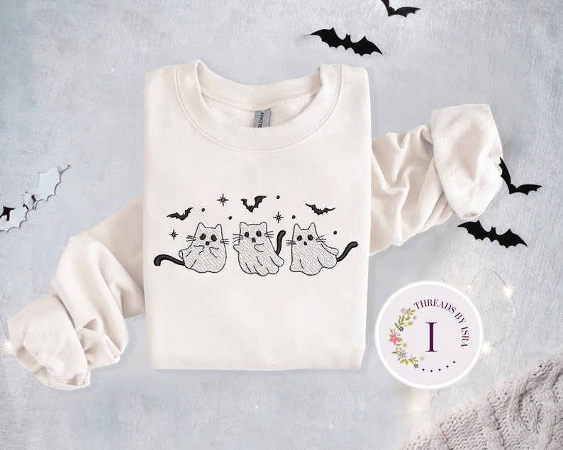 Ghost Cats Embroidered Sweatshirt, Halloween Cat Crewneck, Spooky Bats & Cats, Autumn Fashion, Scary Cat Apparel, Halloween Gift EM1709S