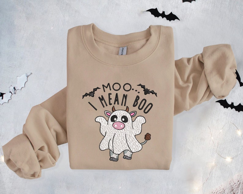 Embroidered 'Moo... I Mean Boo' Halloween Crewneck - Ghost Cow Pullover Sweatshirt - Spooky Season Highland Cow Lover Gift EM1709S