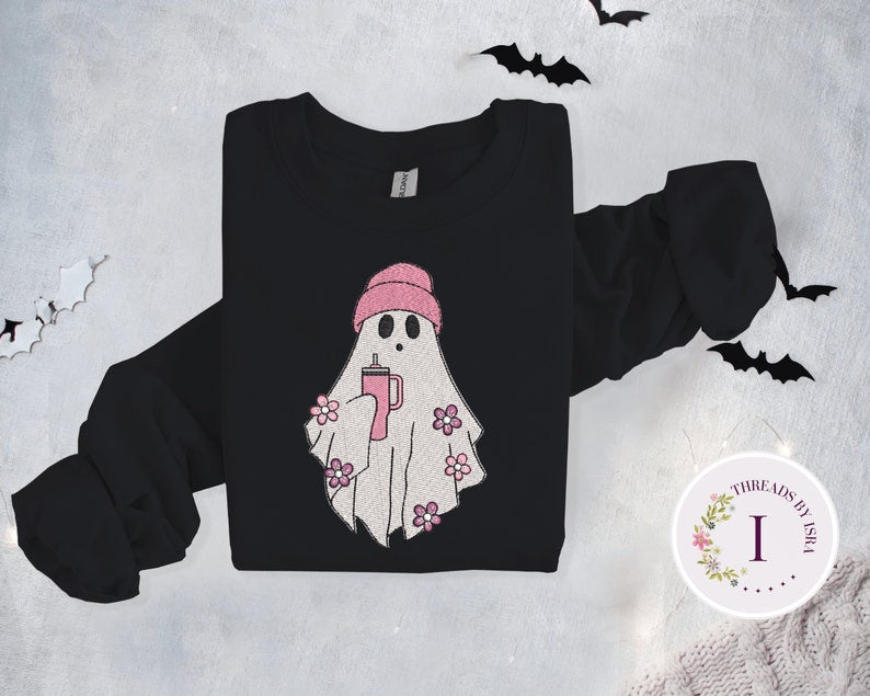 Ghost Cup Embroidered Sweatshirt, Embroidered Fall Sweatshirt, Ghost With Tumbler Sweatshirt, Halloween Crewneck, Spooky Season Pullover EM1709S