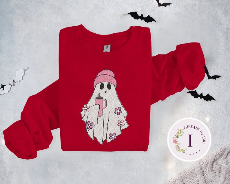 Ghost Cup Embroidered Sweatshirt, Embroidered Fall Sweatshirt, Ghost With Tumbler Sweatshirt, Halloween Crewneck, Spooky Season Pullover EM1709S