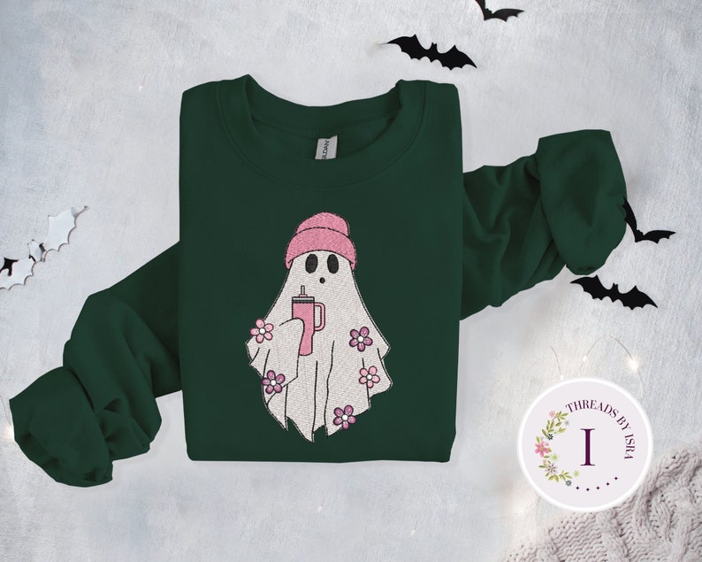 Ghost Cup Embroidered Sweatshirt, Embroidered Fall Sweatshirt, Ghost With Tumbler Sweatshirt, Halloween Crewneck, Spooky Season Pullover EM1709S