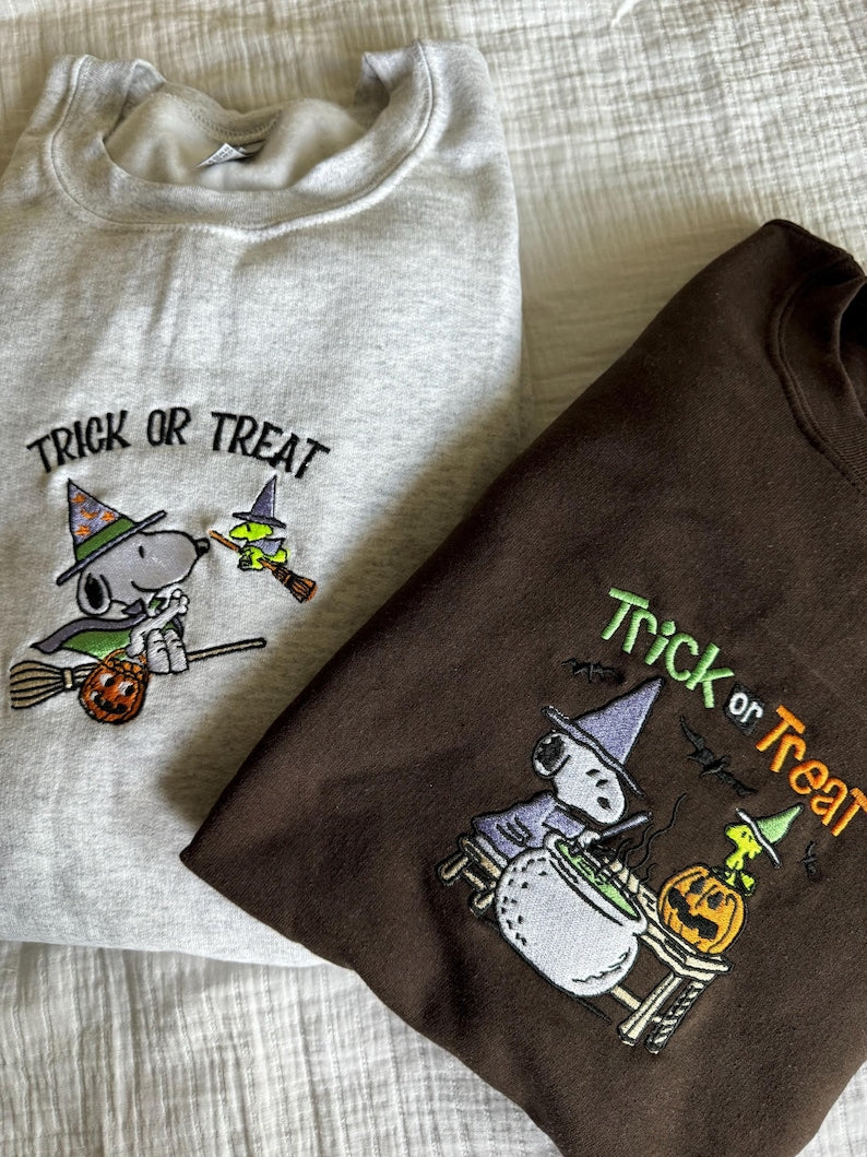 Snoopy Fall Embroidered Sweatshirt, Snoopy Pumpkin Embroidered Hoodie, Halloween Cartoon Dog Embroidery Crewneck Sweatshirt Sleeve EMHA0509