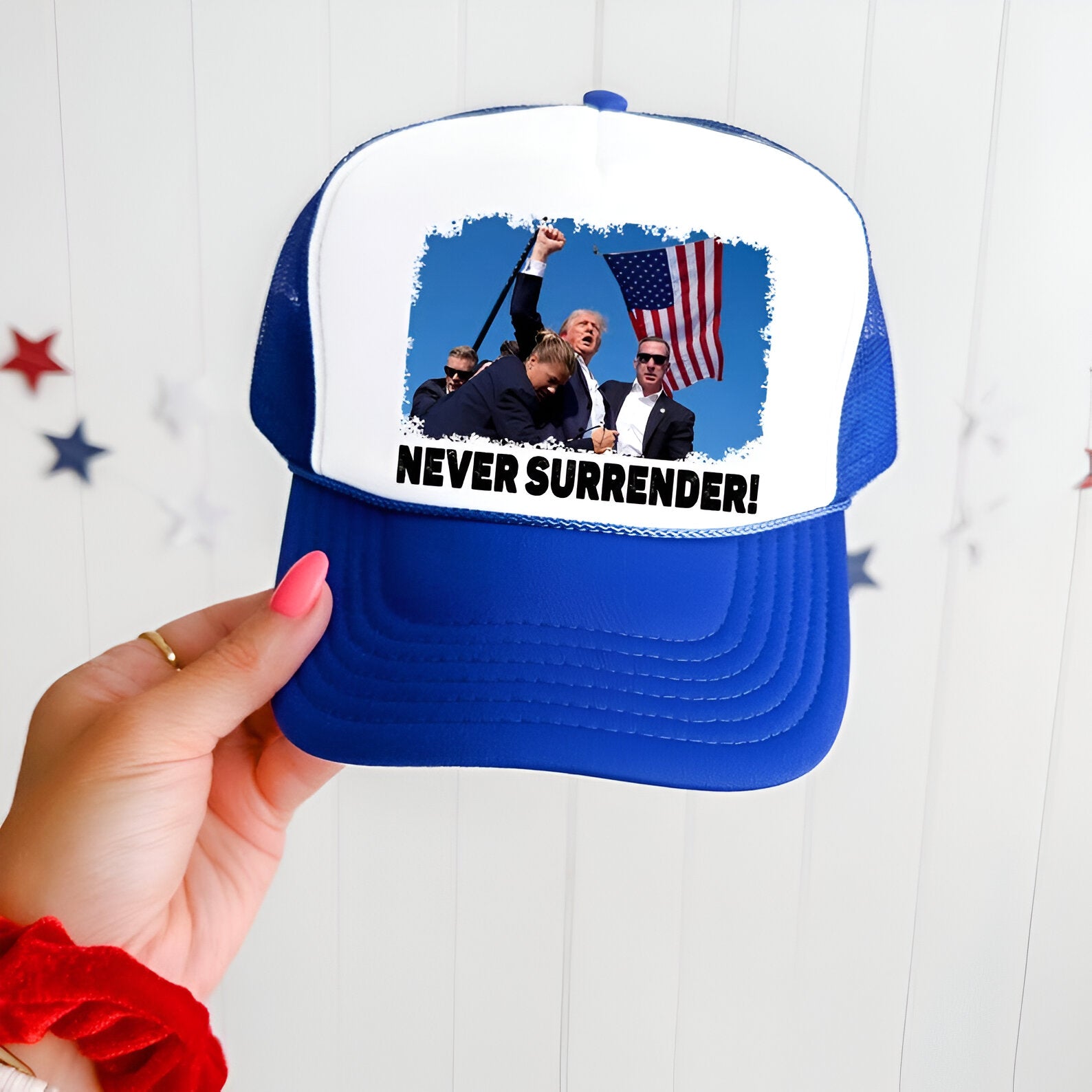 Trump Never Surrender Hat | Trump Shot Hat Vote Republican Snapback | American Election Adjustable Cap | Red White Blue Patriotic Trump hat Tu2